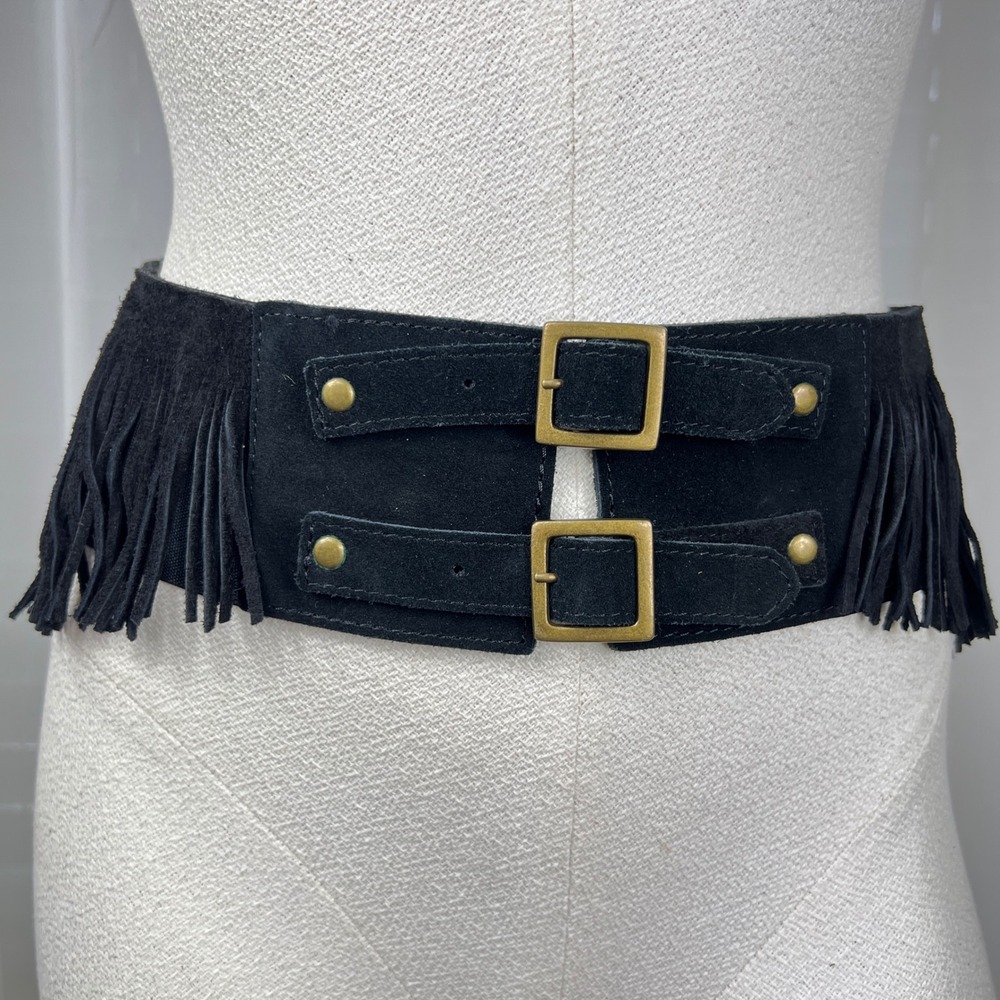Womens Black Suede Fringe Double Buckle Corset Waist Belt Sz S Western Festival